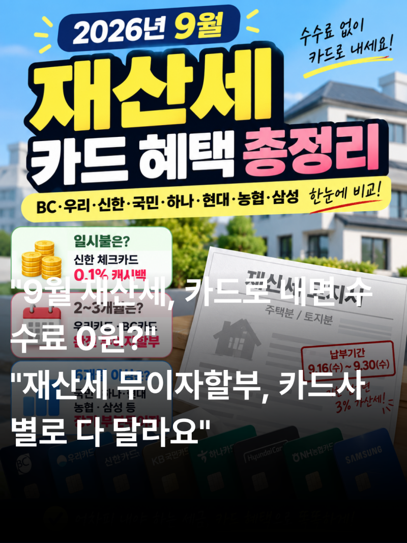2026 9월 재산세 카드별 혜택 총정리 지방세카드혜택 및 재산세무이자할부 비교(+ BC·우리·신....