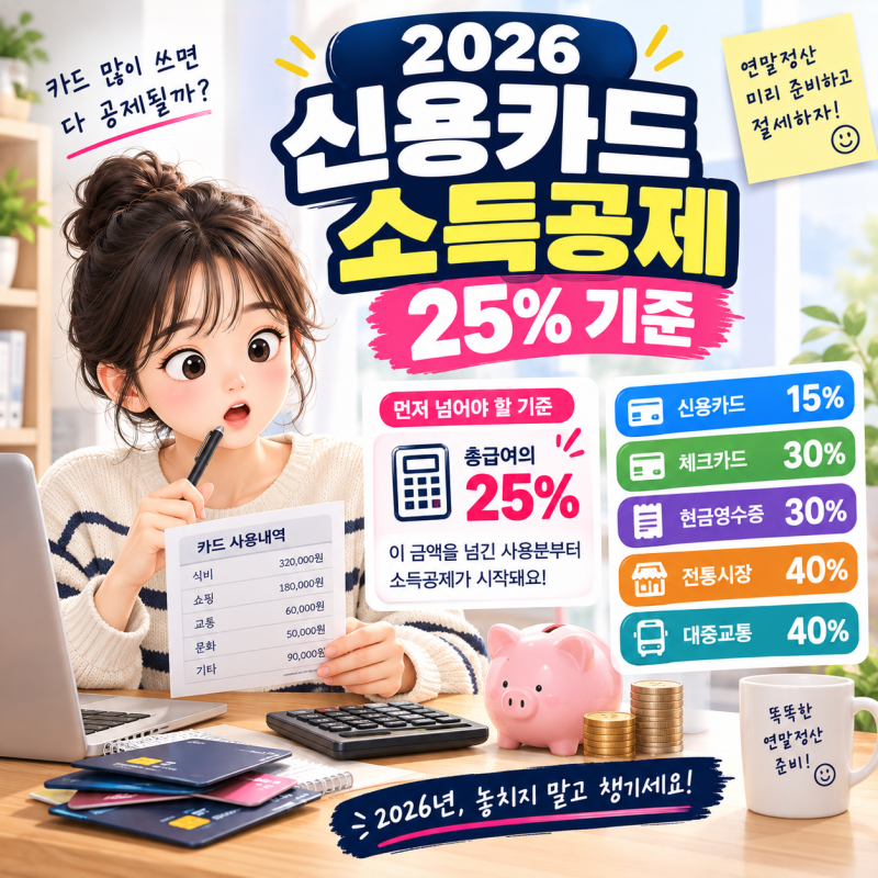 2026 신용카드 소득공제 계산방법, 총급여 25%·체크카드 30% 기준 정리