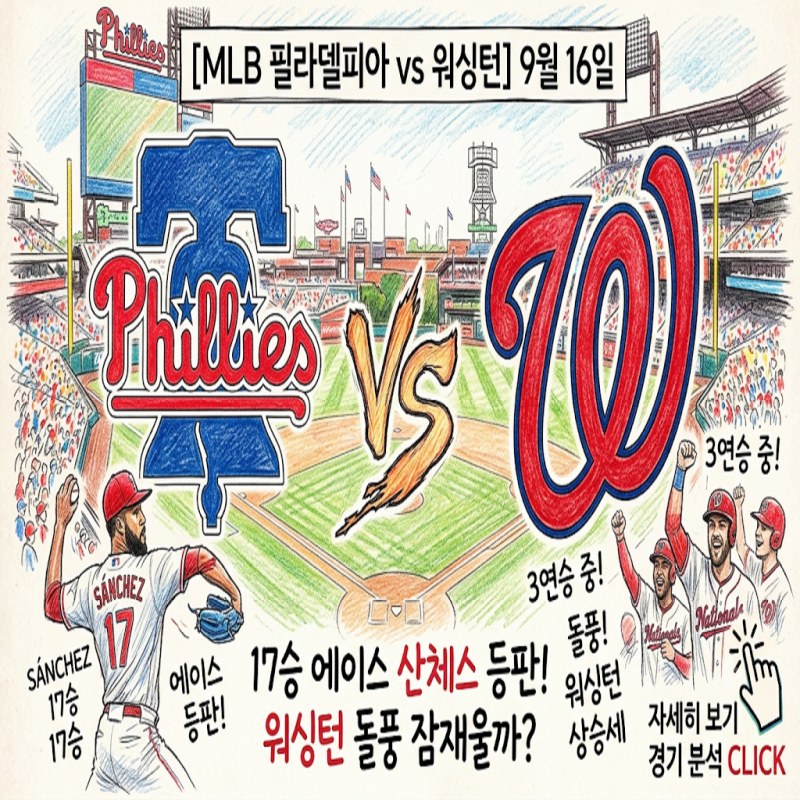 [MLB 필라델피아 vs 워싱턴 9월 16일] 17승 에이스 산체스 등판! 3연승 달리는 워싱턴 돌풍 잠재....