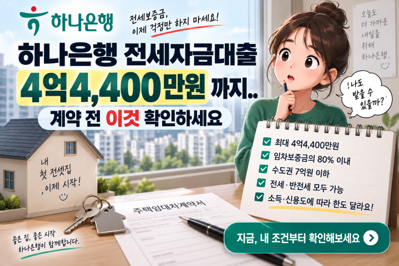 하나은행 전세자금대출 4억4,400만원까지..계약 전 이것 확인하세요