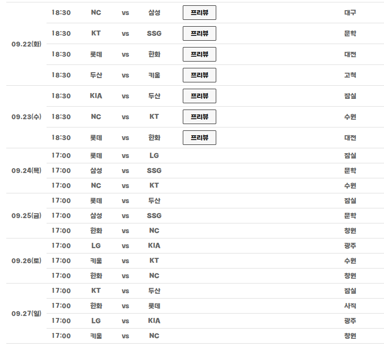 2026 KBO 잔여 경기 생중계 일정, 일정표 정리