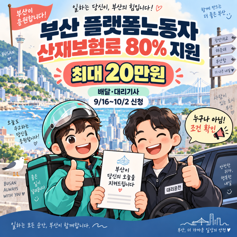 부산 배달·대리기사 산재보험료 최대 20만원｜9월 16일 신청, 대상 조건은?