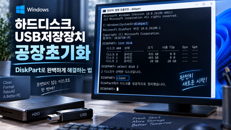 하드디스크,USB저장장치 공장초기화, 명령 프롬프트(diskpart)로 완벽하게 해결하는 법