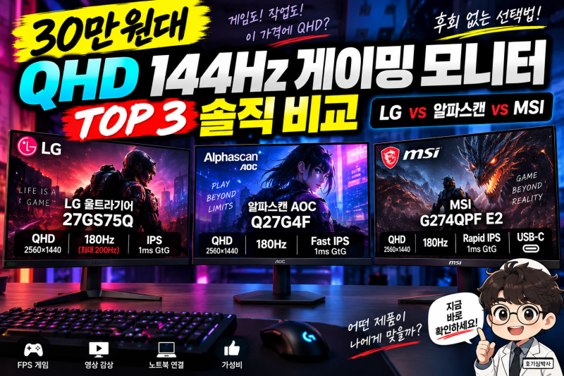 30만 원대 QHD 144Hz 게이밍 모니터 TOP 3 솔직 비교LG vs 알파스캔 vs MSI 후회 없는 선택법
