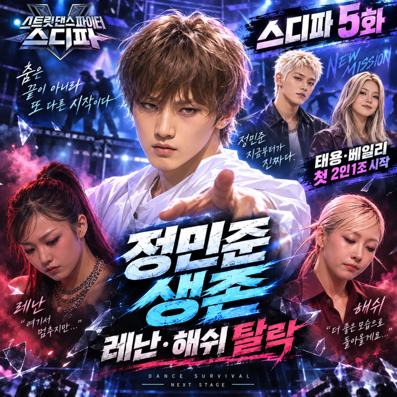 스디파 5화 리뷰｜정민준 생존·레난 해쉬 탈락…태용·베일리 신곡 걸고 첫 2인 1조 팀전 시....