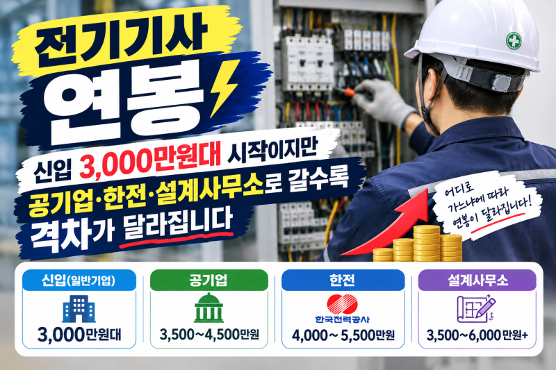 전기기사연봉 — 신입 3,000만원대 시작이지만 공기업·한전·설계사무소로 갈수록 격차가 달....
