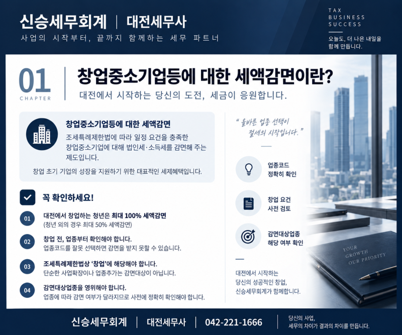 [대전 세무사]청년창업 세금 5년 100%?2026 창업감면·감면율·대상업종 정리