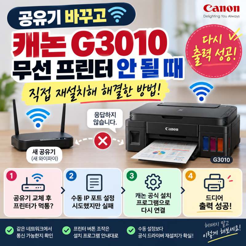 와이파이 공유기 바꾸고 멈춘 무선 프린터, 직접 헤매며 풀어낸 캐논 G3010 재설치기