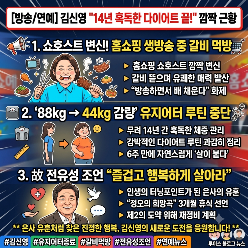 [방송/연예] "14년 유지어터 끝내고 갈비 먹방" 김신영 쇼호스트 변신…라디오 3개월 휴식 선....