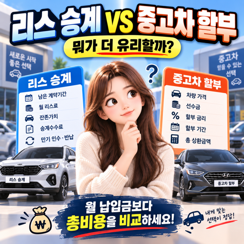 리스 승계 vs 중고차 할부 뭐가 다를까? 월 납입금보다 중요한 총비용 비교