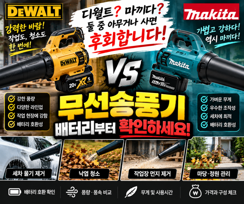 무선송풍기 추천 디월트 마끼다 성능 배터리 비교