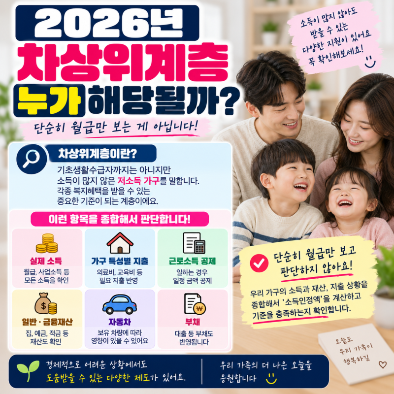 2026년 차상위계층 조건 어떻게 될까? 소득기준.재산.신청방법 알아보기