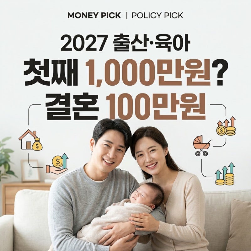 2027년 출산·육아 정책 총정리｜결혼 100만원·첫째 1,000만원·아동기본수당·자영업자 육아수....