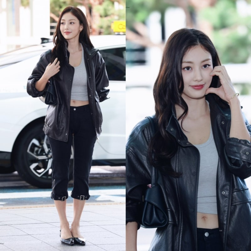 트와이스 지효의 공항패션..가죽 자켓+카프리 팬츠 정보!