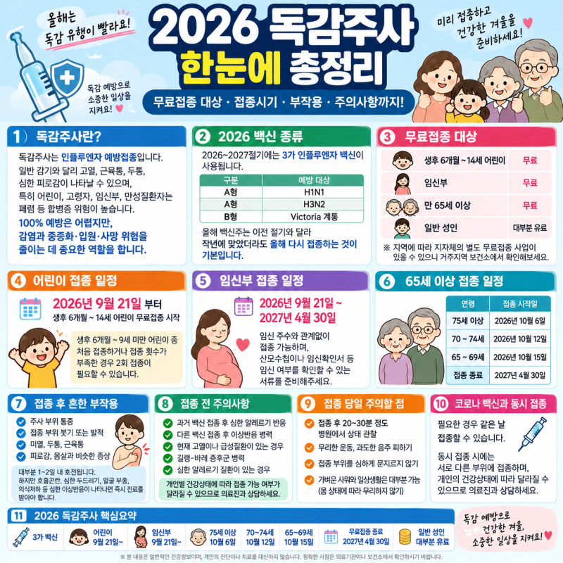 올해 독감 빨라졌다! 2026 무료 독감주사 대상과 접종시기,부모님 독감주사 언제? 연령별 무료....