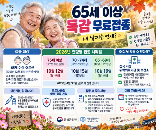 65세 이상 독감 무료접종 언제부터? 2026년 연령별 날짜 확인하세요