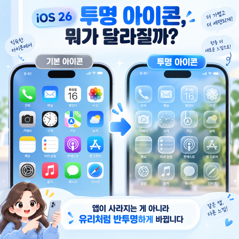 아이폰 홈 화면 꾸미기: iOS 26 투명 아이콘 및 크기 조절 꿀팁
