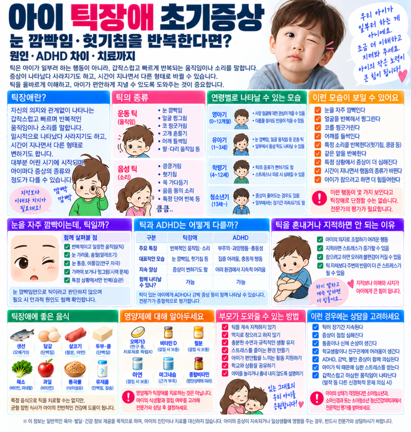 아이 틱장애 초기증상, 눈 깜빡임·헛기침을 반복한다면? 원인·ADHD 차이·치료까지
