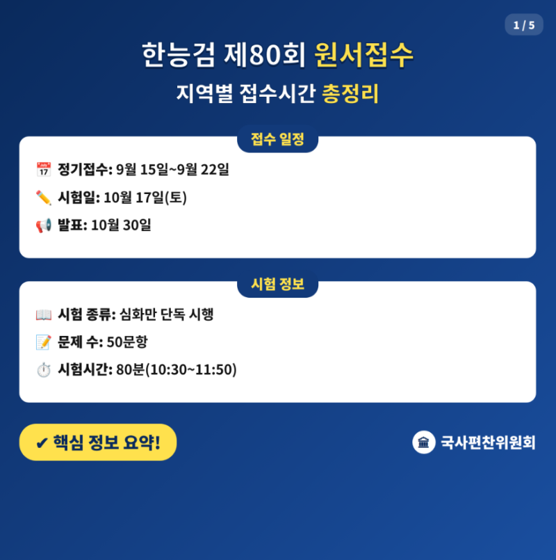 한능검 제80회 원서접수 지역별 시간표, 10월 17일 시험 오늘부터 접수 시작