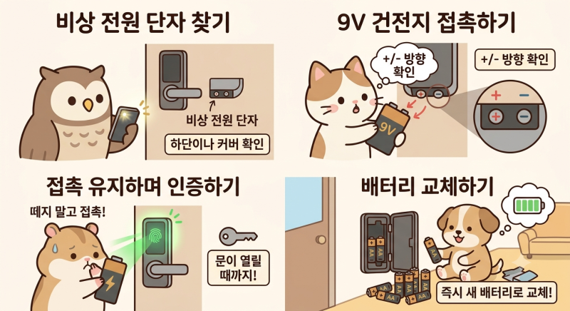 현관 디지털 도어락 방전·오작동 시 비상 전원(9V 건전지) 연결법