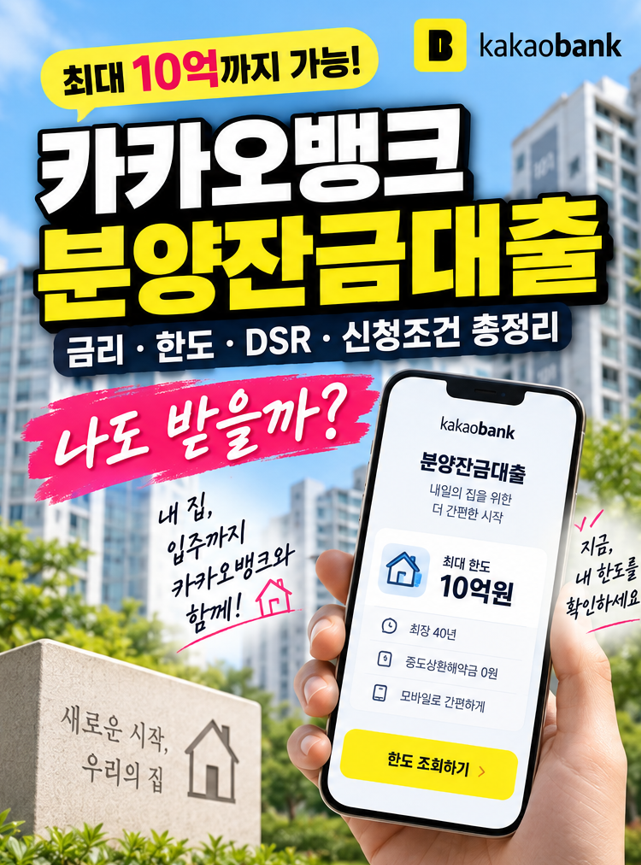 카카오뱅크 분양잔금대출 최대 10억｜나도 받을까? 금리·한도·DSR·신청조건 총정리