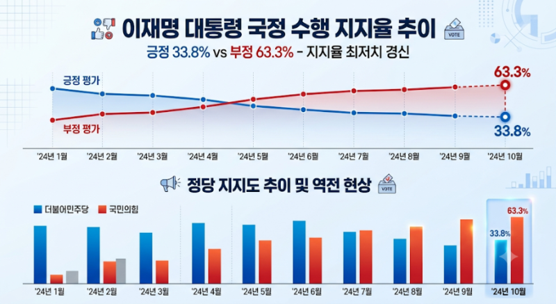 이재명 대통령 지지율 9주 연속 하락, 33.8% 취임 후 최저치: 복합 악재와 민심의 경고