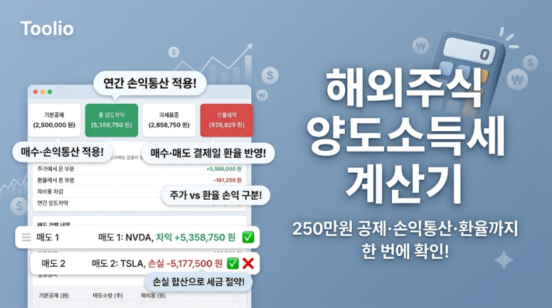 해외주식 양도소득세 계산기 | 250만원 공제·손익통산·환율까지 넣고 세액 확인