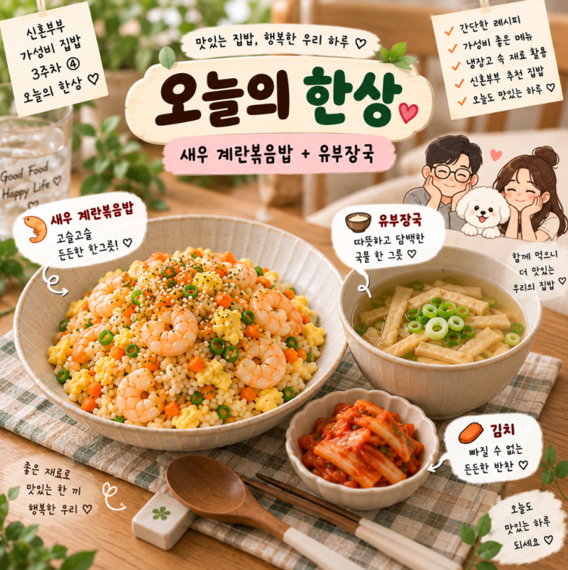 퇴근 후 15분! 새우 계란볶음밥 레시피 + 유부장국｜신혼부부 집밥