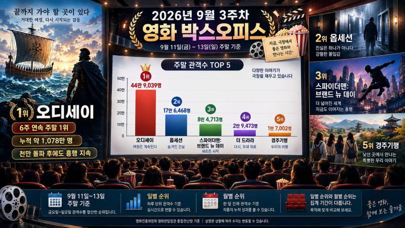 [영화 박스오피스] 2026년 09월 3주차 영화 상영 순위, 오디세이 6주 연속 1위