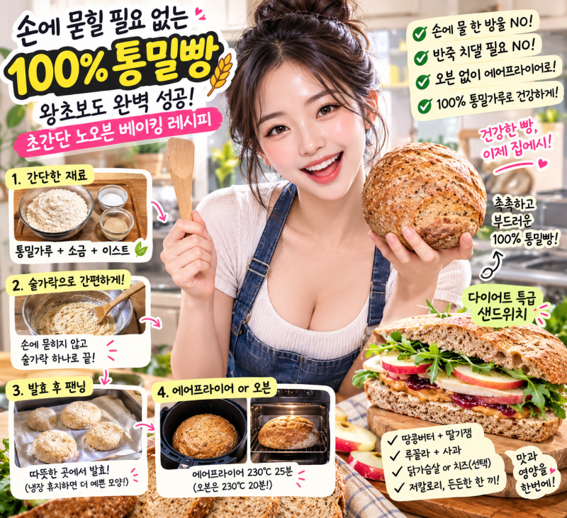 손에 묻힐 필요 전혀 없는 100% 통밀빵, 왕초보도 완벽하게 성공하는 초간단 노오븐 베이킹 레....
