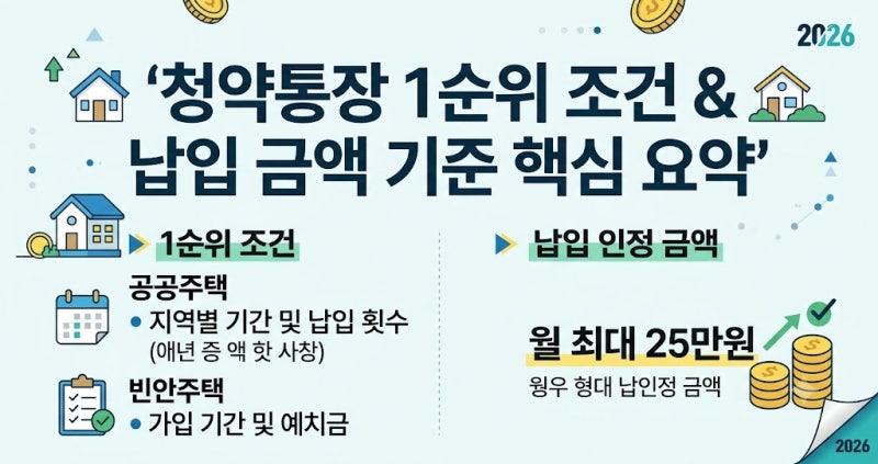 2026년 주택청약통장 1순위 조건 및 납입 인정 금액 핵심 요약