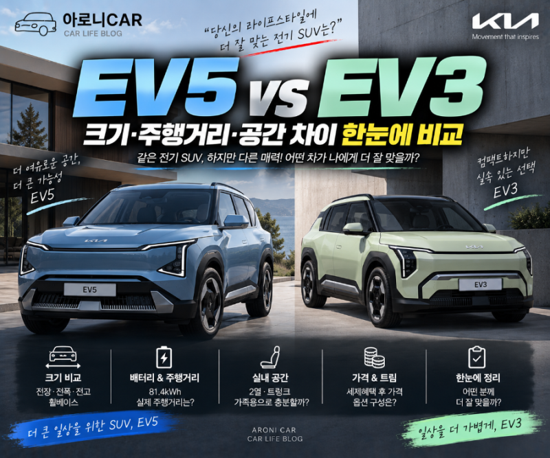 EV5 vs EV3 비교｜크기·주행거리·공간·가격 차이 한눈에 정리