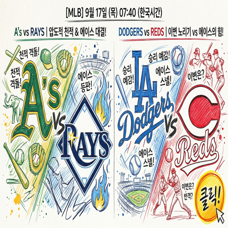 [MLB] 9월 17일 애슬레틱스 vs 탬파베이 &amp; LA다저스 vs 신시내티 | 압도적 천적 관계와 에이스 등....