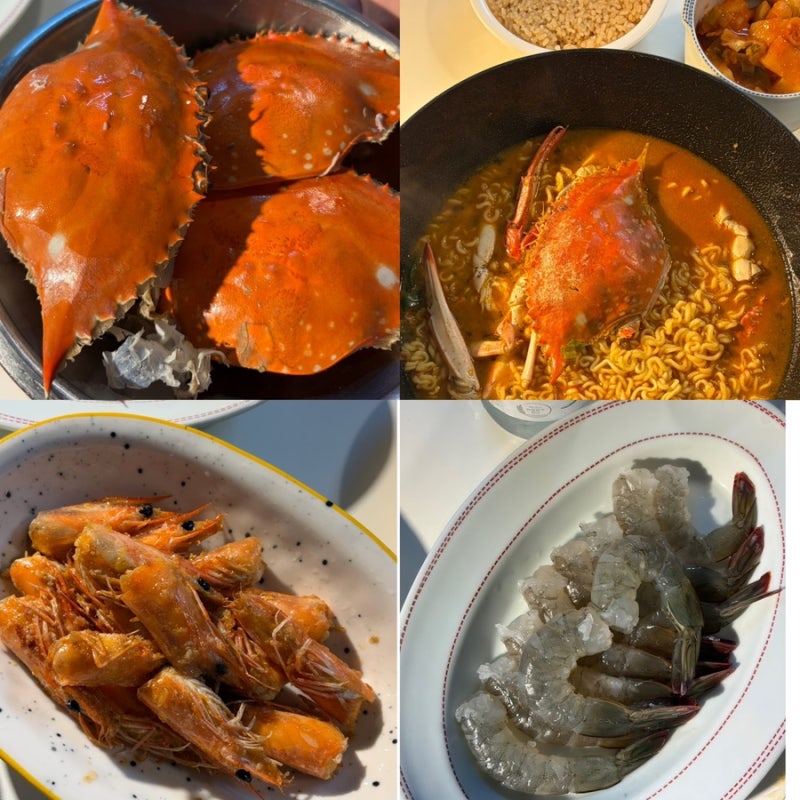 가을 제철 꽃게 요리 | 생새우회·꽃게찜·새우머리 버터구이·꽃게 라면