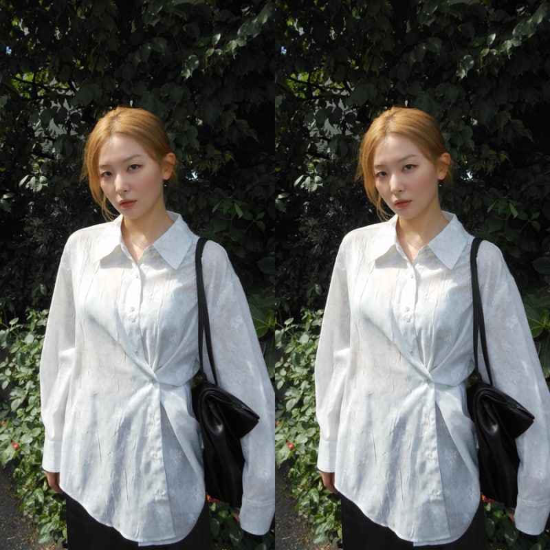 보자마자 예뻤어..레드벨벳 슬기 셔츠패션(자카드 셔츠,브라운 레이스 새틴 스커트, 가방)