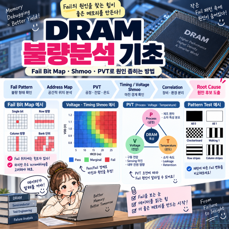 DRAM 불량분석 기초｜Fail Bit Map·Shmoo·PVT로 원인 좁히는 방법