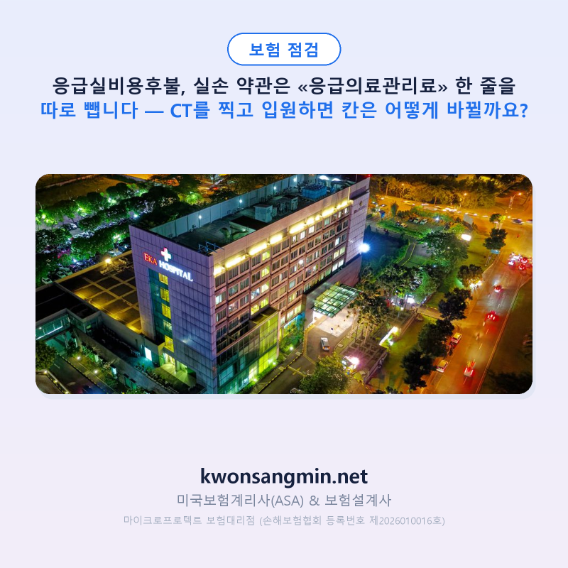응급실비용후불, 실손 약관은 «응급의료관리료» 한 줄을 따로 뺍니다 — CT를 찍고 입원하면....