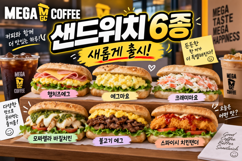 메가커피 샌드위치 6종 나온다 햄치즈에그부터 스파이시 치킨텐더까지 신상 총정리