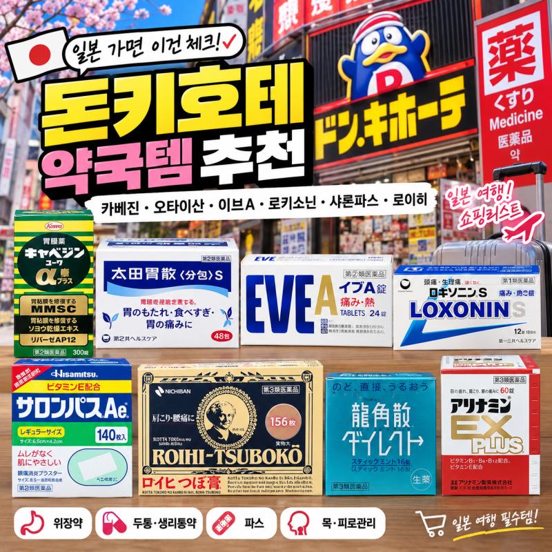 일본 가면 이건 체크! 돈키호테 약국템 추천｜카베진·오타이산·이브A·로키소닌·샤론파스·....