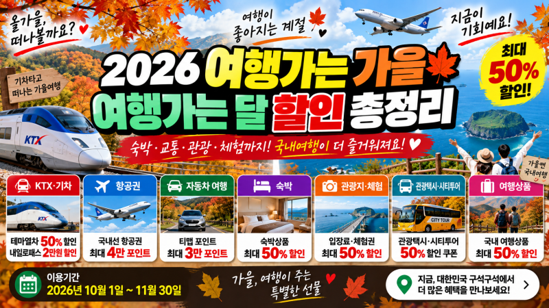 2026 여행가는 가을 할인 총정리｜여행가는 달 숙박·KTX·항공·관광 최대 50% 혜택