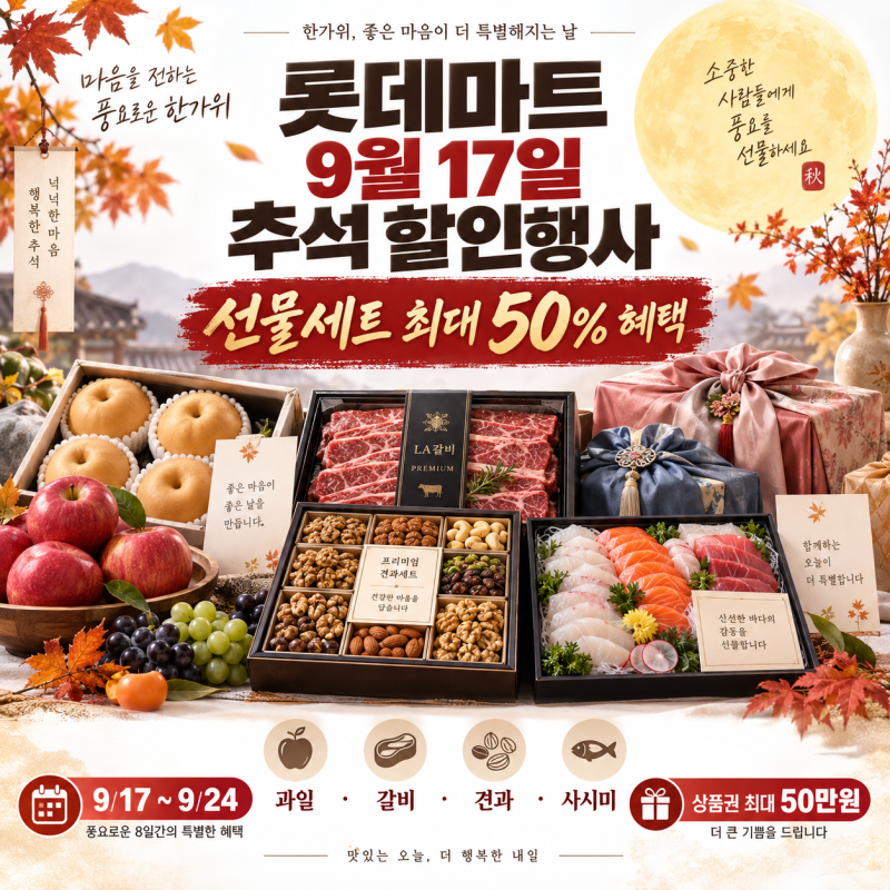 2026 롯데마트 9월 17일 추석 할인행사 총정리(최대 50% 혜택·LA갈비 9만9000원)