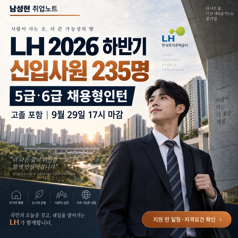 [공기업채용] LH 2026 하반기 신입사원 235명｜5급·6급 채용형인턴·고졸 포함｜9월 29일 17시 마....