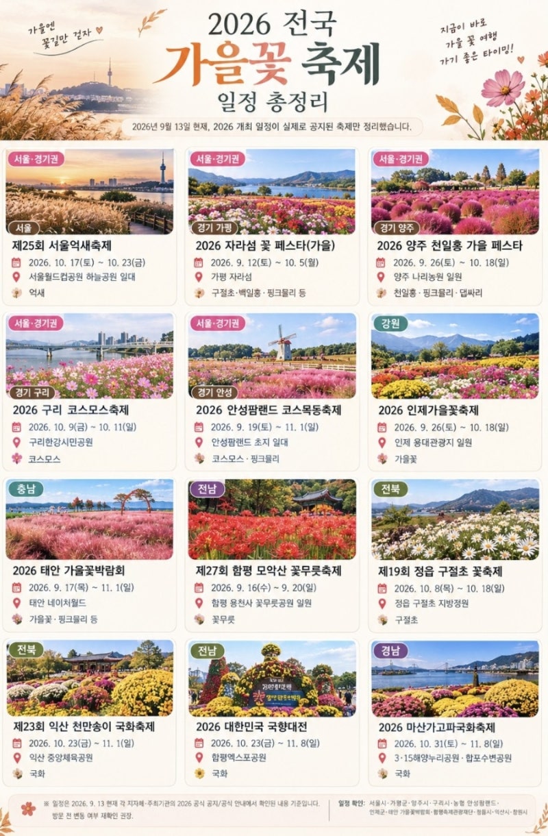 2026 전국 가을꽃 축제 일정 총정리