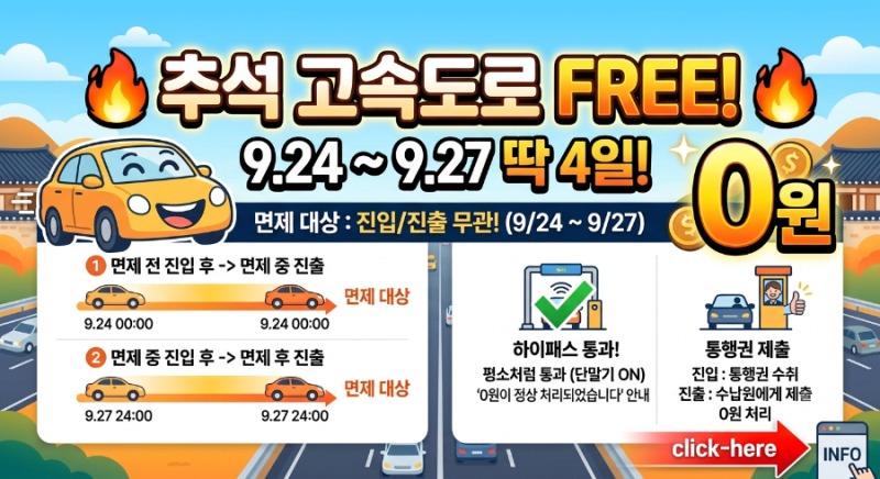 2026 추석 고속도로 통행료 면제 완벽 정리! 무료 시간대 & 이용 팁