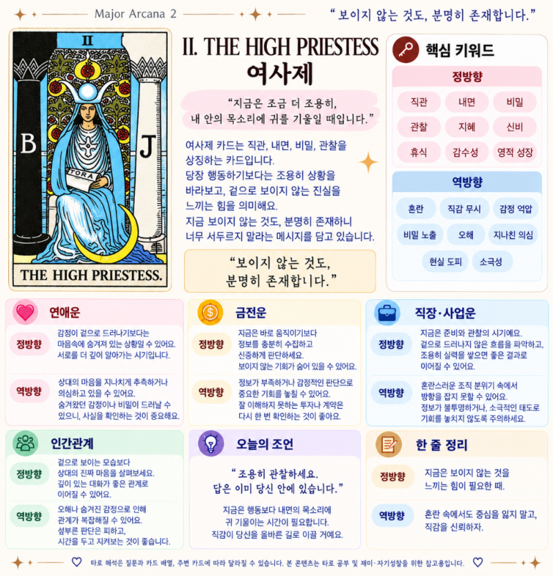 타로카드 2번 THE HIGH PRIESTESS 여사제｜정방향·역방향 연애운 금전운 직장운 해석
