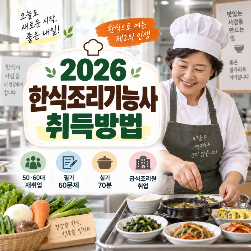 2026 한식조리기능사 취득방법｜50대·60대 재취업, 필기 60문제·실기 70분·급식조리원 취업 총....