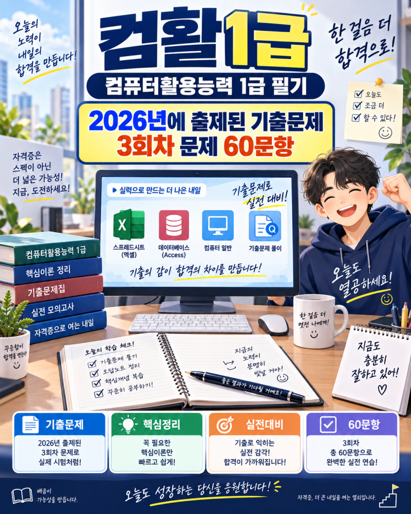 컴활1급 컴퓨터활용능력1급 필기 2026년에 출제된 기출문제 3회차 문제 60문항