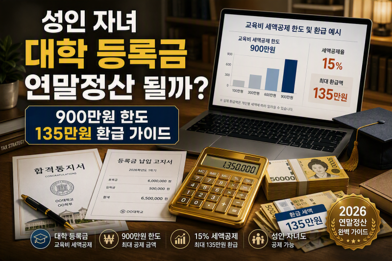 "성인 자녀 대학 등록금도 연말정산 될까?" 2026 대학교 등록금 교육비 세액공제 900만원 한도....