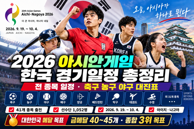 2026 아시안게임 한국 경기일정 총정리｜전 종목 일정·축구 농구 야구 대진표·방송사별 중계....