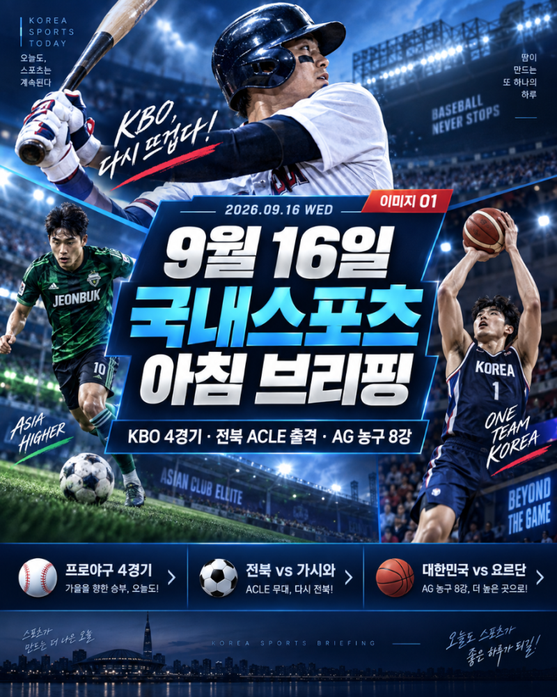 2026년 9월 16일 국내스포츠 아침 브리핑｜KBO 4경기·전북과 서울 아시아 출격·AG 농구 8강